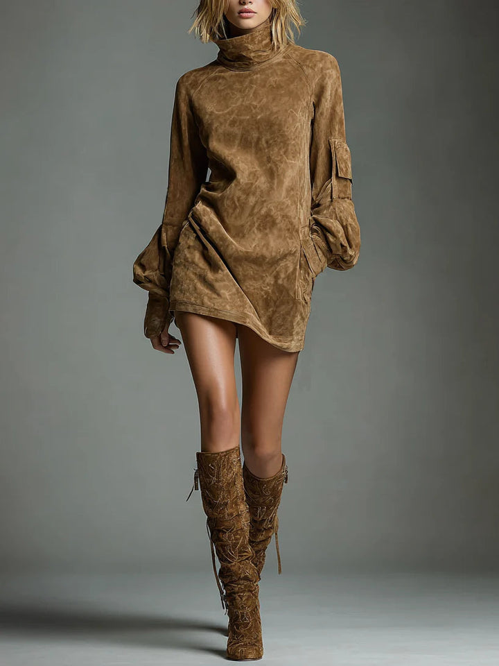 NORELLA | Beli Loose Suede Mini Dress with High Neck