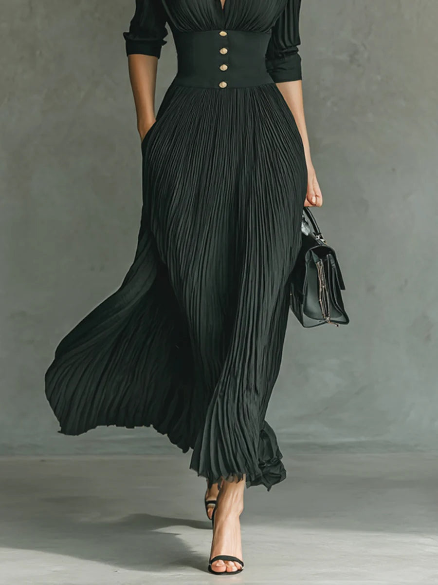 NORELLA | Elvira Long Pleated Dress with Lapels and High Waist