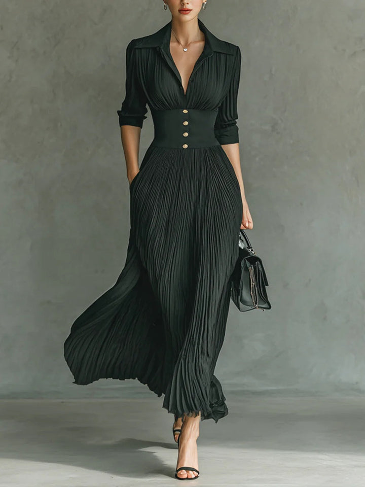 NORELLA | Elvira Long Pleated Dress with Lapels and High Waist