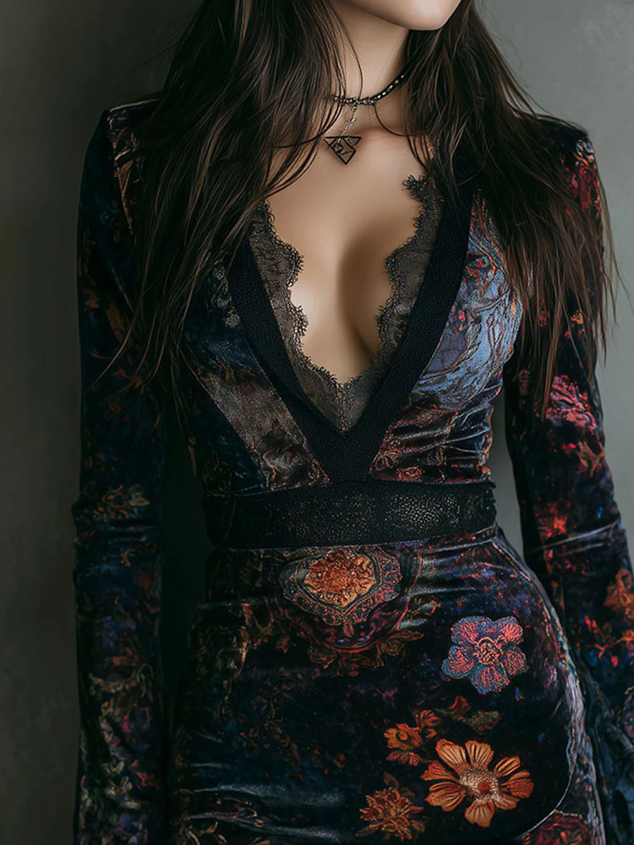 NORELLA | Liora Velvet Floral Mini Dress with Lace