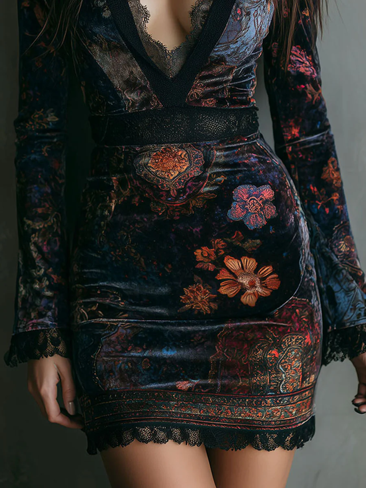 NORELLA | Liora Velvet Floral Mini Dress with Lace