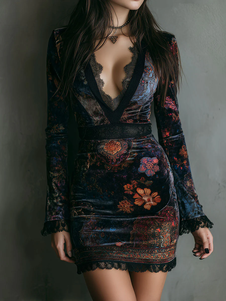 NORELLA | Liora Velvet Floral Mini Dress with Lace
