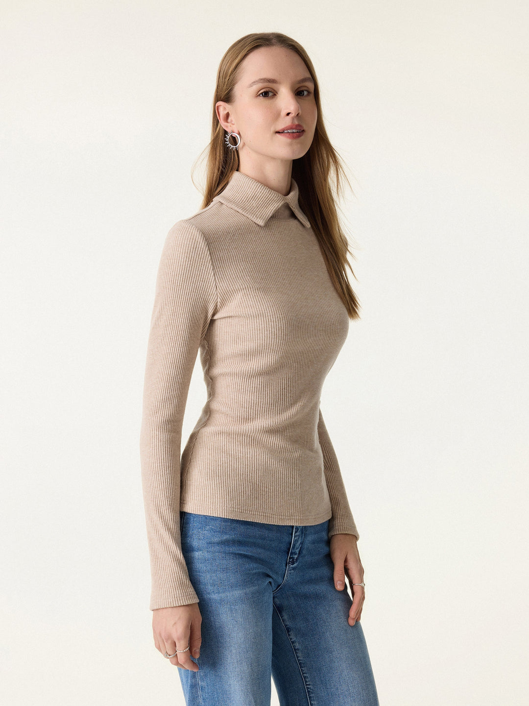 NORELLA | Ribbed Long Sleeve Top with Polo Neck
