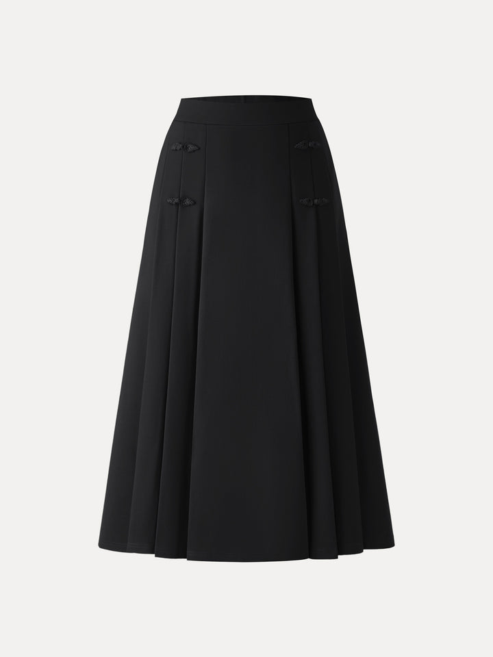 NORELLA | Pleated Midi A-Line Skirt with Frog Button Detail