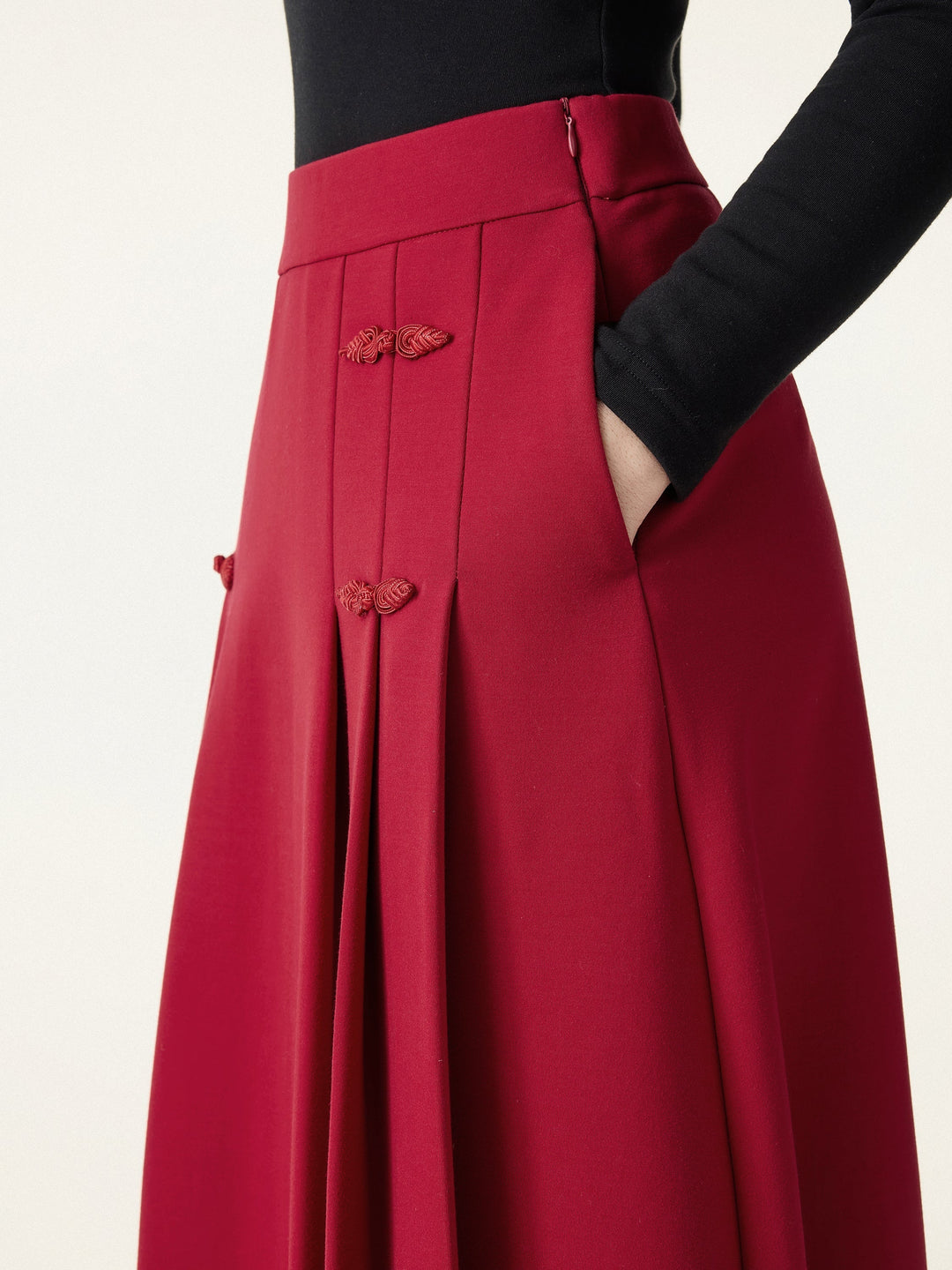 NORELLA | Pleated Midi A-Line Skirt with Frog Button Detail