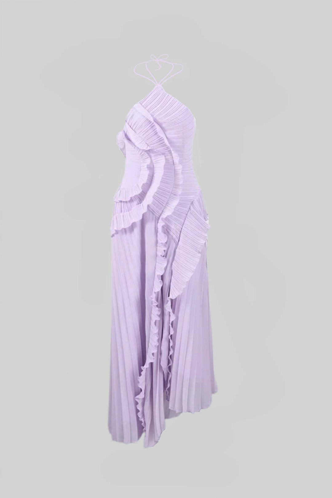 NORELLA | Pleated halter midi dress with cascading ruffle – Lavender