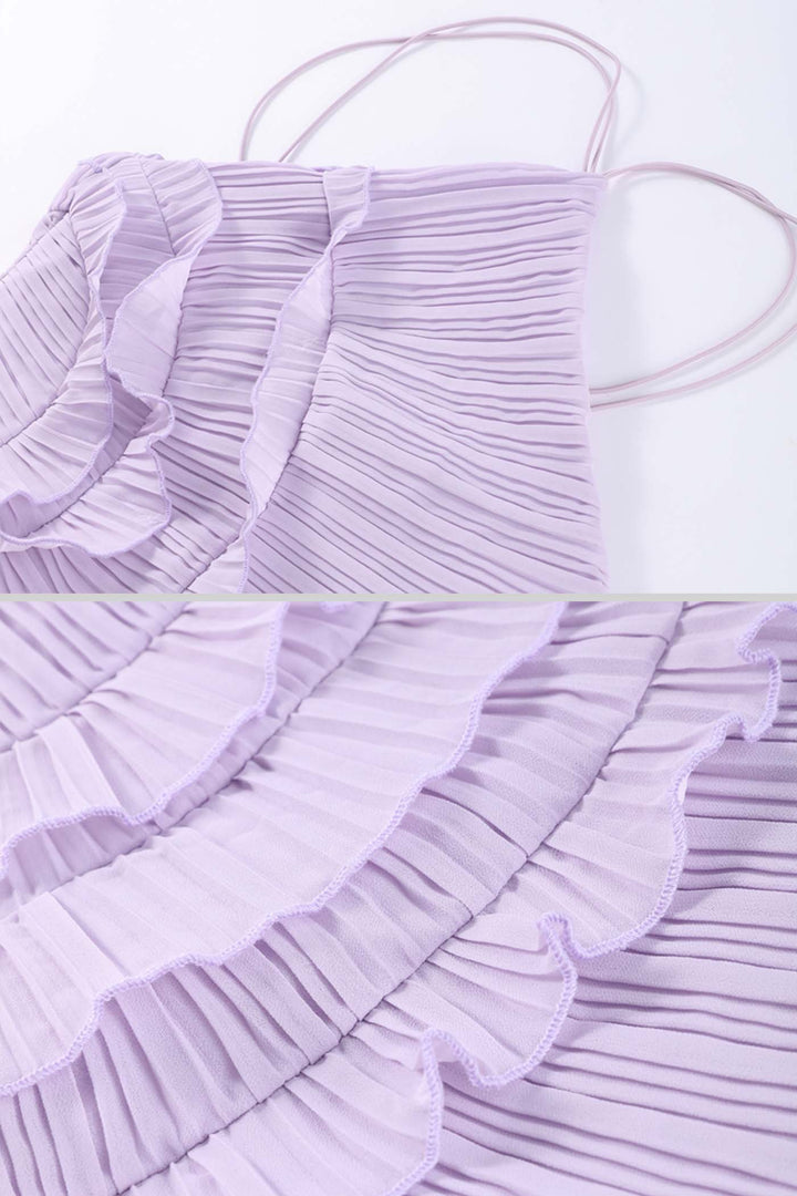 NORELLA | Pleated halter midi dress with cascading ruffle – Lavender