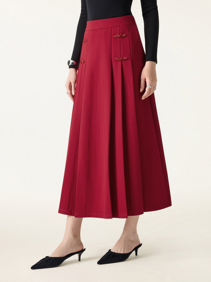 NORELLA | Pleated Midi A-Line Skirt with Frog Button Detail