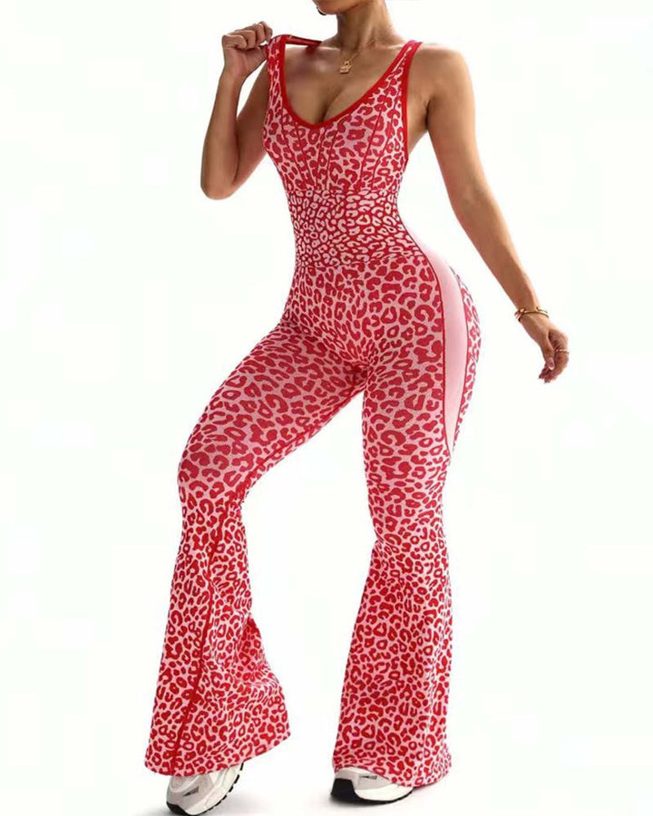 NORELLA | Seamless Yoga & Fitness Jumpsuit with Leopard Print and Crossback