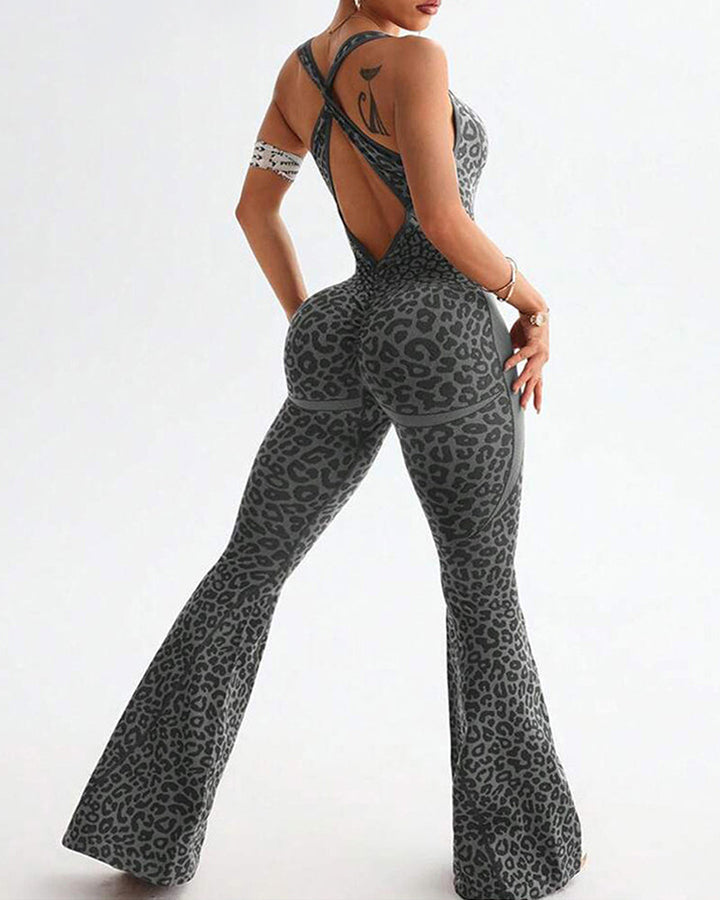 NORELLA | Seamless Yoga & Fitness Jumpsuit with Leopard Print and Crossback