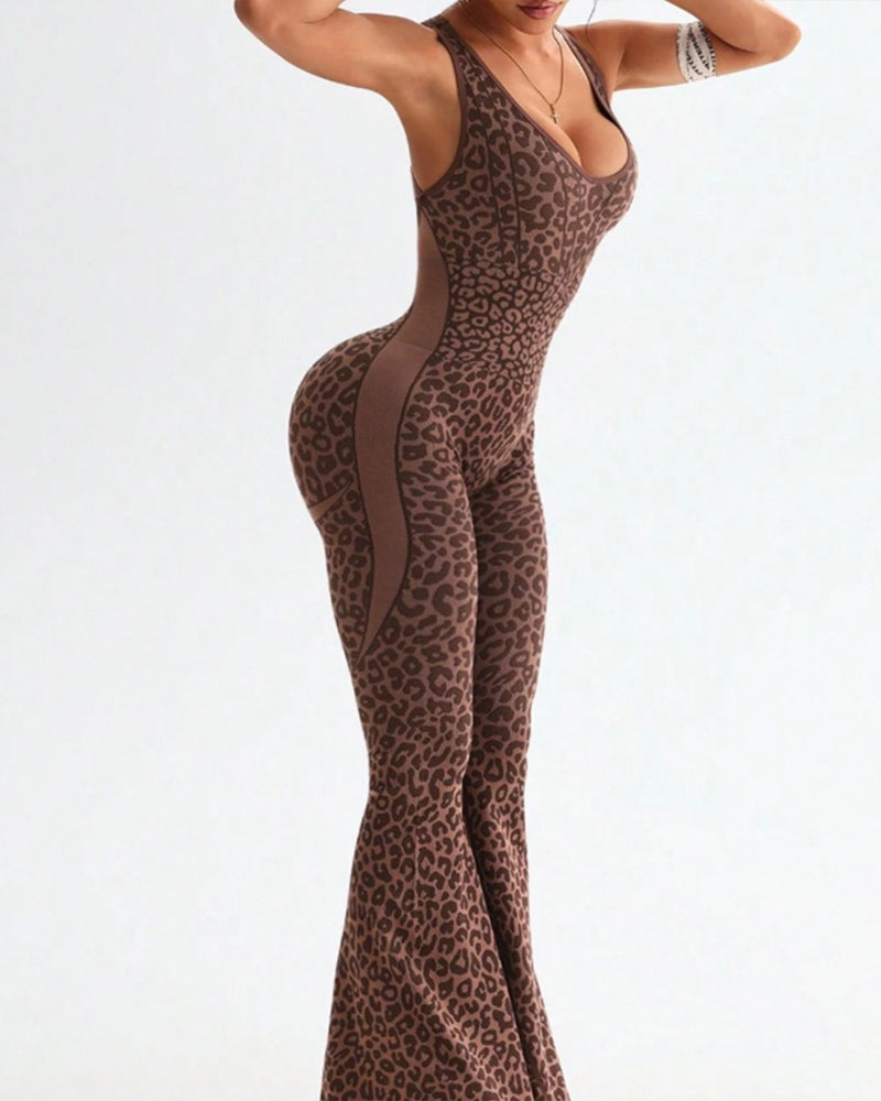 NORELLA | Seamless Yoga & Fitness Jumpsuit with Leopard Print and Crossback