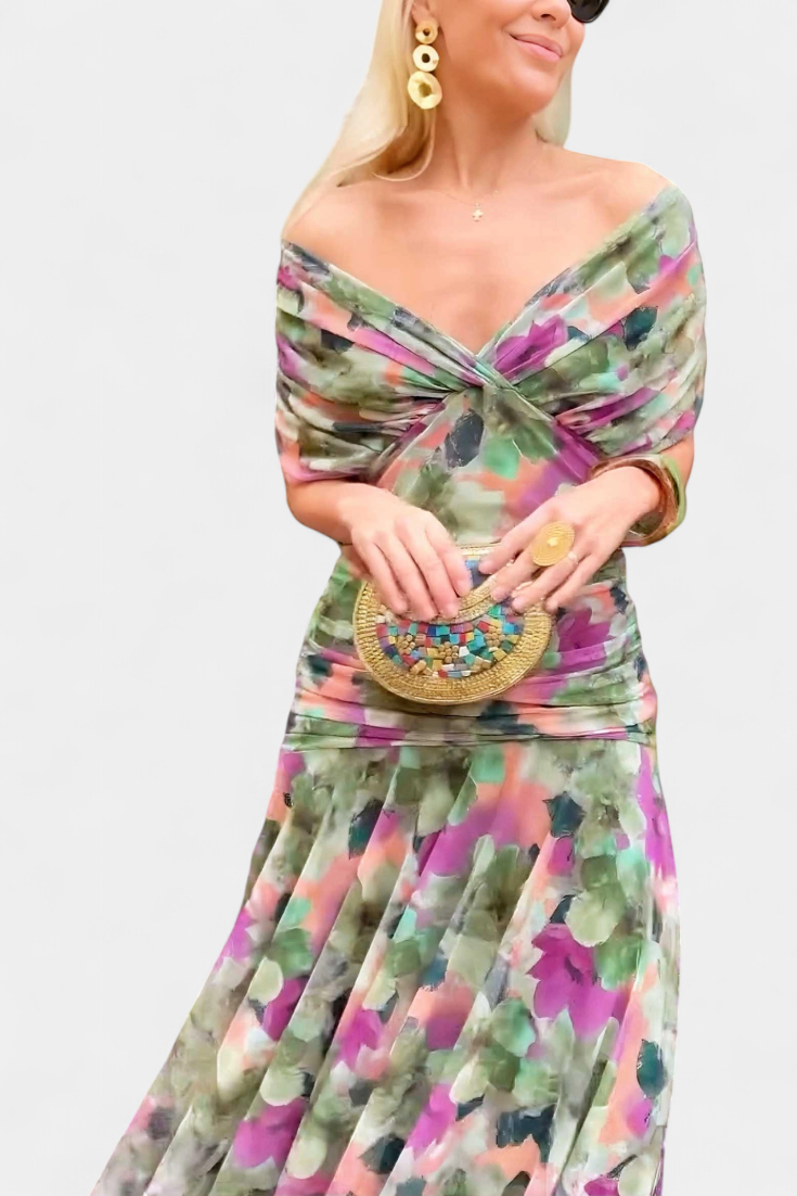 NORELLA | LONG FLORAL V-NECK DRESS
