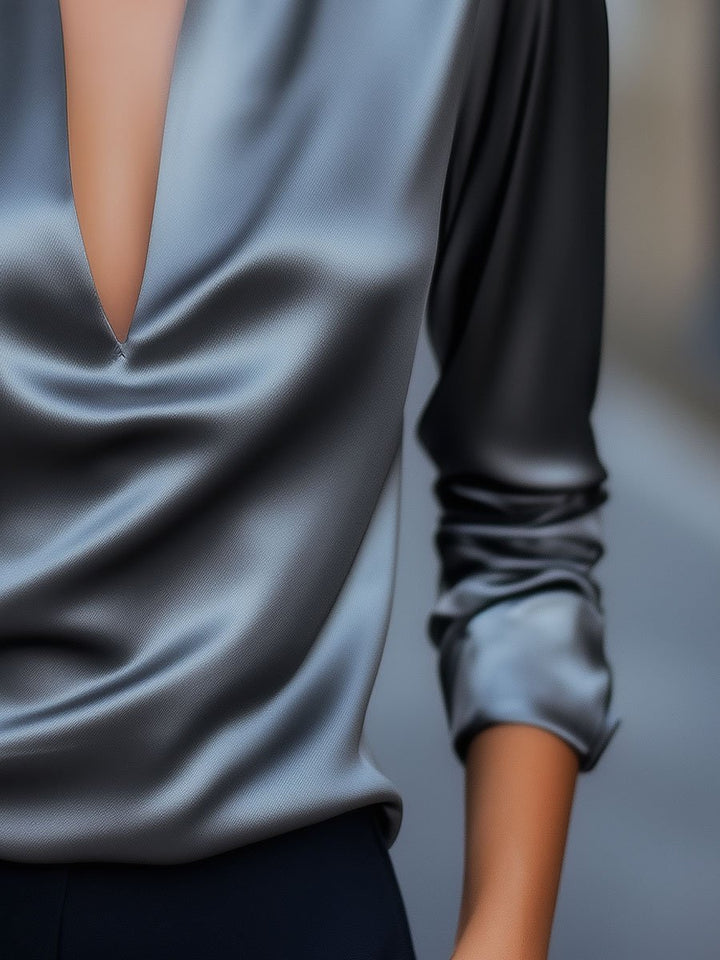 NORELLA | Satin Blouse in Silver with Deep V-Neck