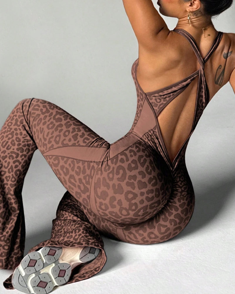 NORELLA | Seamless Yoga & Fitness Jumpsuit with Leopard Print and Crossback