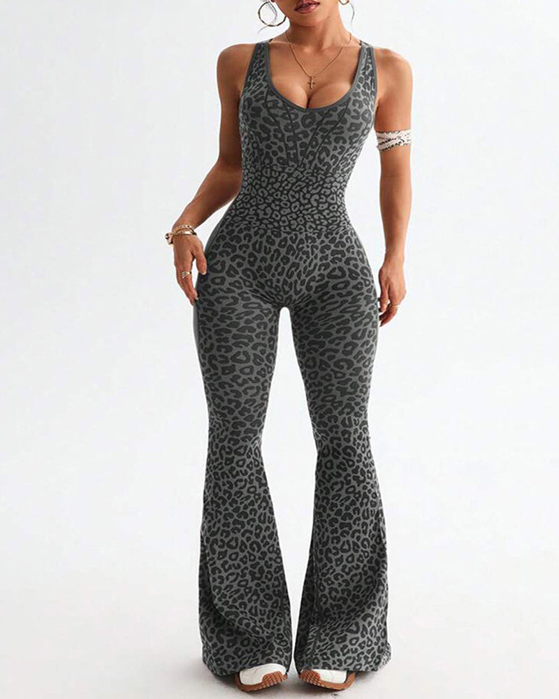 NORELLA | Seamless Yoga & Fitness Jumpsuit with Leopard Print and Crossback