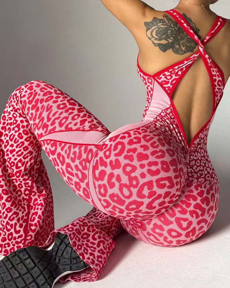 NORELLA | Seamless Yoga & Fitness Jumpsuit with Leopard Print and Crossback